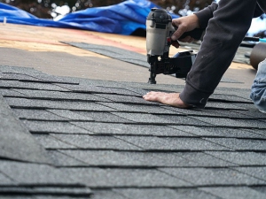 handyman using nail gun to install shingle to repair roof